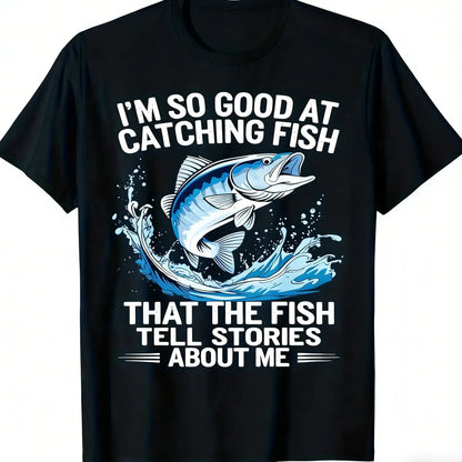 Men's Funny Fishing T-Shirt I Fish So Well The Fish All Tell Stories with Jumping Fish Graphic Lightweight Breathable 100%25 Cotton All-Season Casual Outdoor Fishing Apparel Sizes S-XXXL Machine Washable Ideal Gift  double print  Tshirt Round Neck Menswea