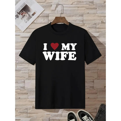 Men'S Funny "I Love My Wife" Graphic T-Shirt with Red Heart - White Casual Round Neck Short Sleeve Tee, Romantic Gift for Husband, Anniversary & Valentine'S Day, Family T-shirt, Family T-shirt In Green, T Shirt For Men, Men Graphic Tee, Funny Tshirt