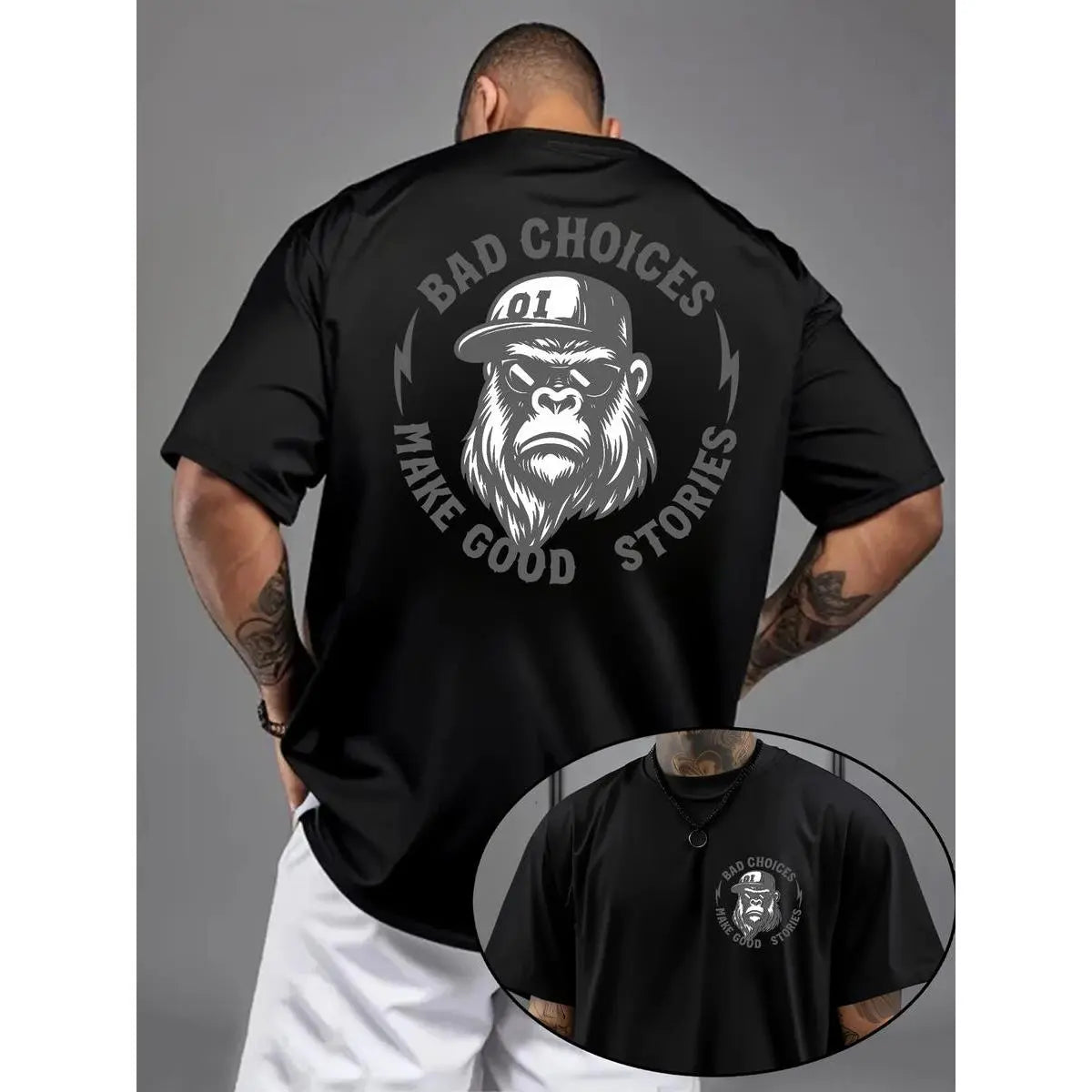 Bad Choices Make Good Stories Chimpanzee Print Men's T-shirt, MenswearUnisex Crew neck T-shirt for Men And Women,All-Season Comfort,Heavyweight 100%25 Cotton