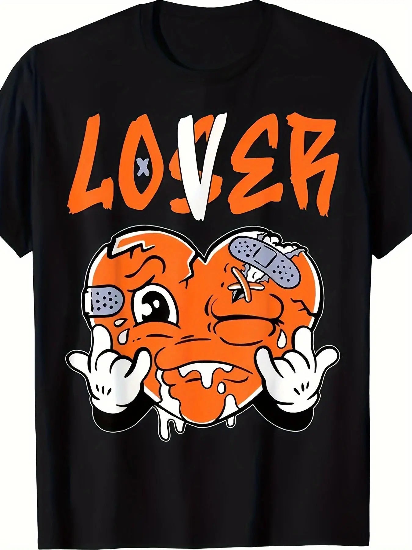 Men's Retro Streetwear T-Shirt – "Lover" Orange Heart Graphic, Black 100%25 Cotton Tee, Soft Breathable Hip Hop Style Summer Top, Casual Aesthetic Look