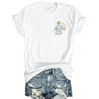 100%25 Cotton Unisex Loose Fit Short Sleeve T-Shirt, Women's Casual Daily Crew Neck Tee with Letter, Skull & Inspirational Gradient Print, Trendy Spring Summer Streetwear Top