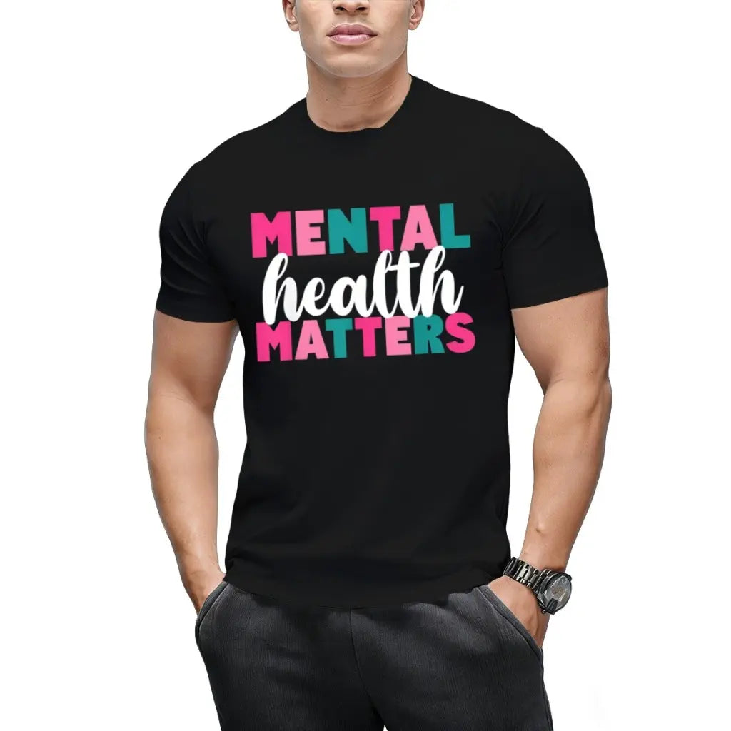 Mental Health Awareness T-Shirt - "Mental Health Matters" Bold Pink & Teal Lettering, Unisex Adult Black Cotton Tee, Soft Round Neck Short Sleeve Shirt for Casual Attire & Advocacy Events, Machine Was