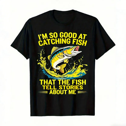 Men's Funny Fishing T-Shirt I Fish So Well The Fish All Tell Stories with Jumping Fish Graphic Lightweight Breathable 100%25 Cotton All-Season Casual Outdoor Fishing Apparel Sizes S-XXXL Machine Washable Ideal Gift  double print  Tshirt Round Neck Menswea
