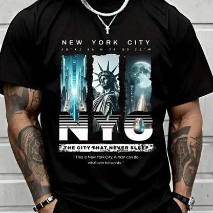Men’s NYC "Eternal City" printed T-shirt, New York street-style short sleeve, Statue of Liberty themed casual top.