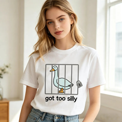 Unisex Cotton Funny Graphic Shortsleeve Round Neck T-Shirt - Silly Goose "Got Too Silly" Sporty Top, Casual Streetwear, Versatile Sports & Outdoor Gift Option (Funny Shirts, Tshirt), Sporty Sports Tops