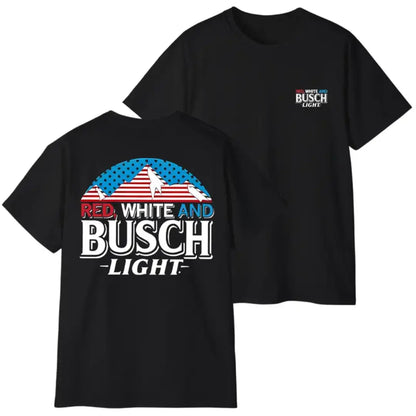 [Busch Light] Red White and Blue Patriotic Graphic T-Shirt, USA Flag Mountain Beer Inspired Design for Americans & Beer Fans, Perfect for 4th of July, BBQs & Summer Parties