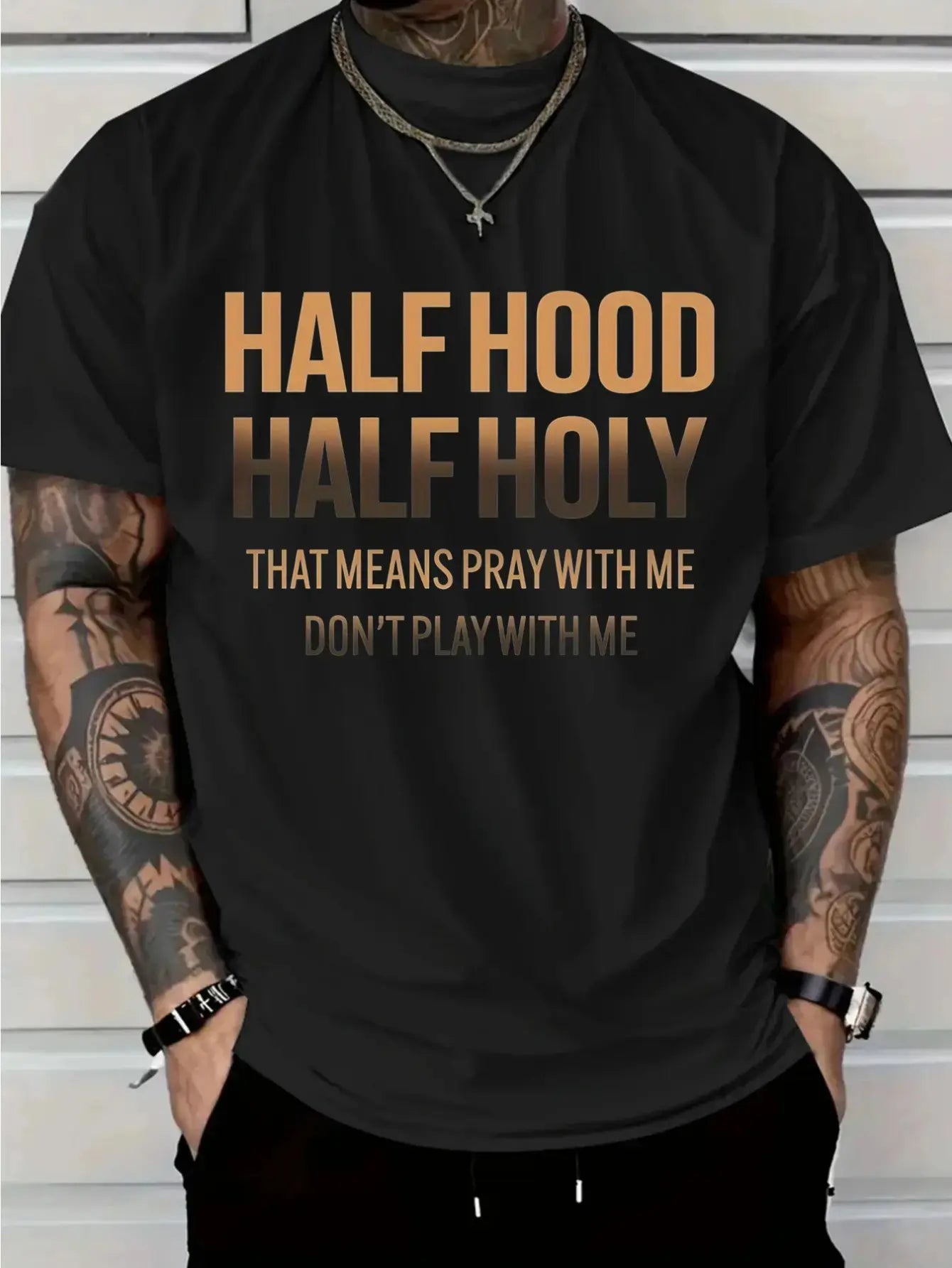 Men's "Half Hood Half Holy Pray with Me Don't Play with Me" Graphic T-Shirt - White with Bold Brown Lettering, Urban Streetwear Statement Tee, 100%25 Cotton Short Sleeve Round Neck Casual Shirt, All-Season Comfort, Machine Washable, Bold Christian Faith A