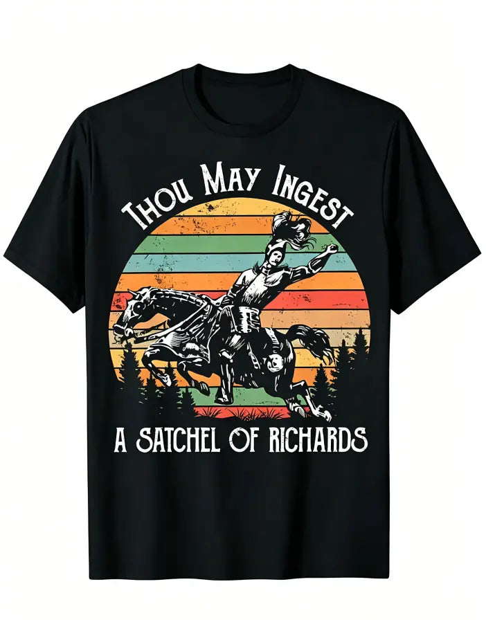 T-Shirt Retro Knight Print "Thou May Ingest" Text Colorful Sunset Stripes Dynamic Western Style Comfortable Loose Fit Suitable for Daily Wear Perfect Choice for Retro Fantasy Enthusiasts Machine Washabl