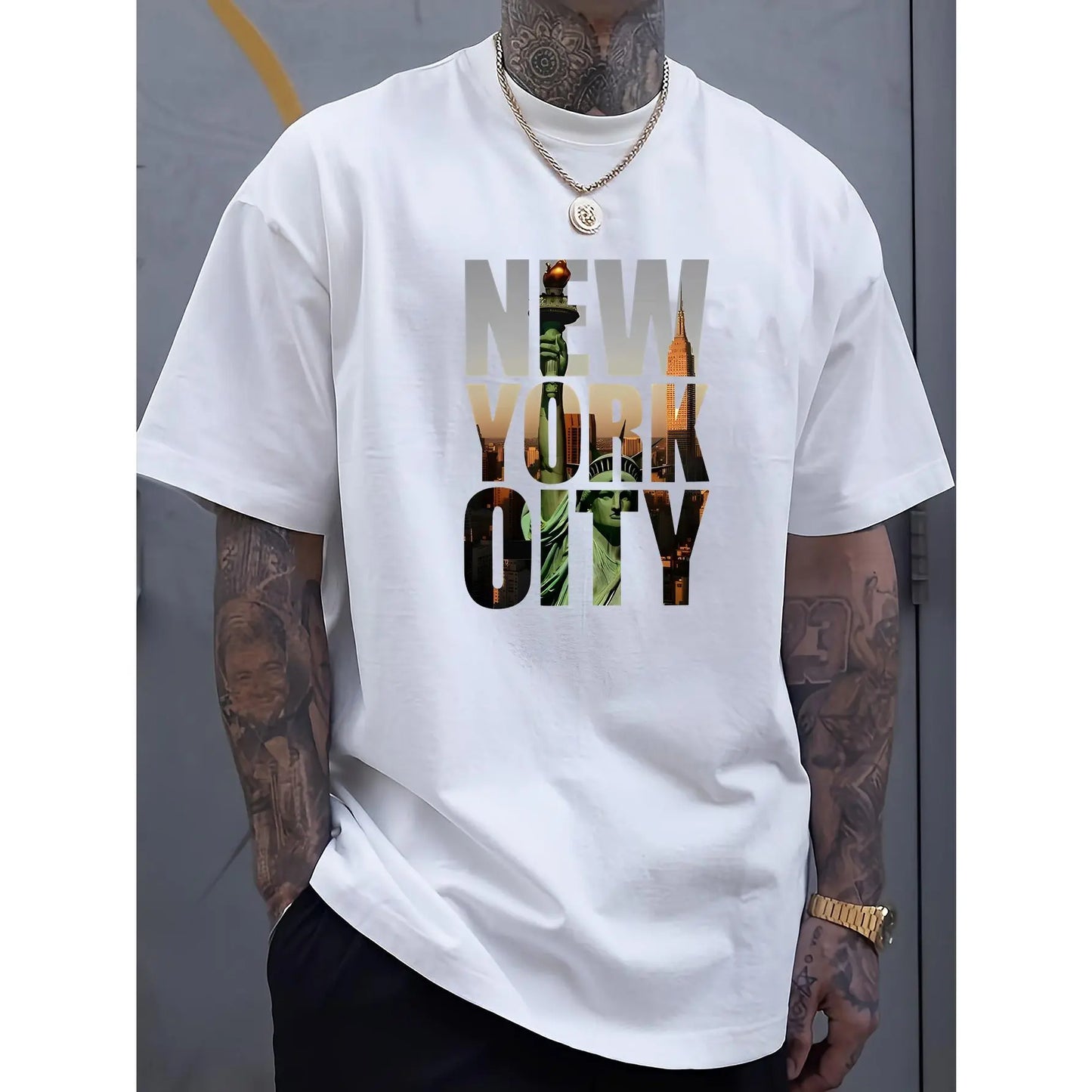 [Cotton T-Shirt] 100%25 Cotton Men'S New York City Graphic T-Shirt| Casual Summer Tee With NYC Print, Short Sleeve, Round Neck, Machine Washable, Summer Casual Wear| Urban Style Tee, Knitted Fabric