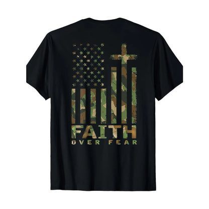 [Cotton | Inspirational] 100%25 Cotton Men's Camo & American Flag T-Shirt | Short Sleeve, Crew Neck, All-Season Casual Wear | Black with Inspirational "Faith Over Fear" Design