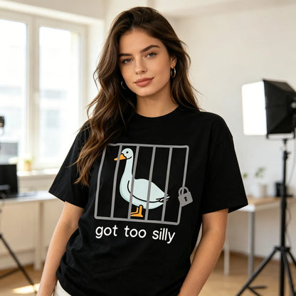Unisex Cotton Funny Graphic Shortsleeve Round Neck T-Shirt - Silly Goose "Got Too Silly" Sporty Top, Casual Streetwear, Versatile Sports & Outdoor Gift Option (Funny Shirts, Tshirt), Sporty Sports Tops