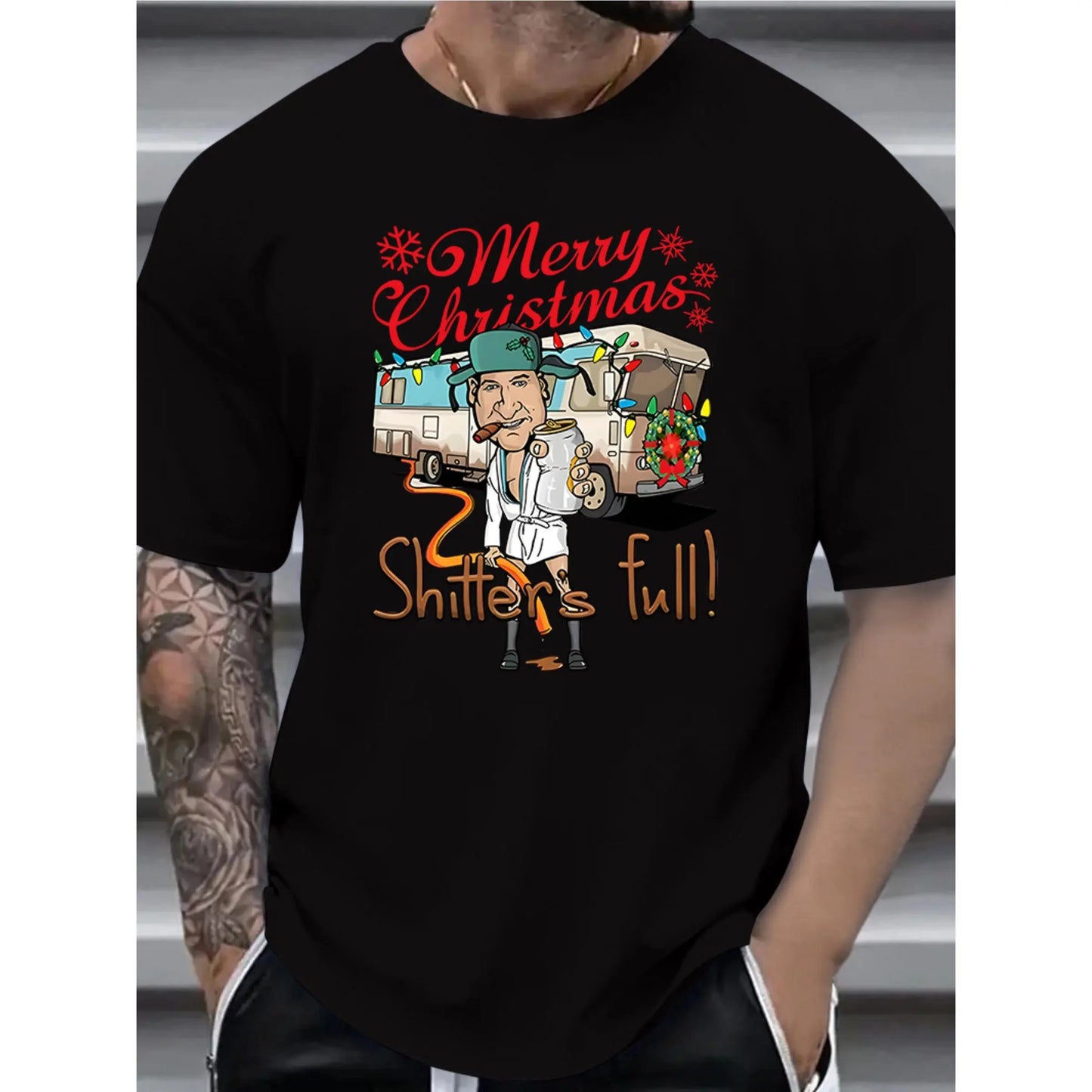 1pc Vintage Style Christmas Graphic Tee, Men'S Casual Plus Size T-Shirt with "Merry Christmas Shitter'S Full" Print, Polyester Knit Fabric, Round Neck, Loose Fit, Summer Season Top