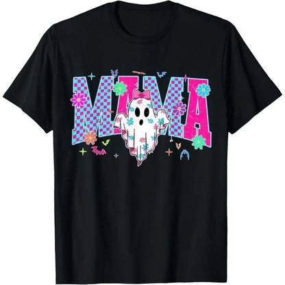Women's Spooky Mama Halloween Cute Ghost Coquette Bow Short-Sleeve Round-Neck Trick-or-Treat T-Shirt, All-Seasons Womenswear Top