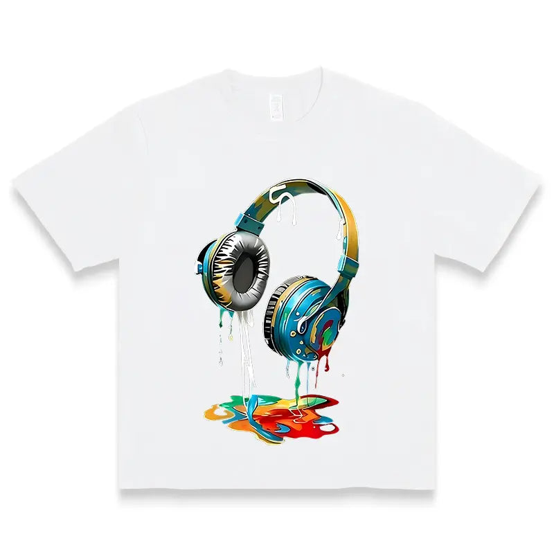 Men's Navy Blue Soft Graphic Tshirt - Shortsleeve Round Neck Thick Cotton Tee with Vibrant Headphone Print, Casual Trendy Streetwear, Machine Washable Summer Durable Casualwear