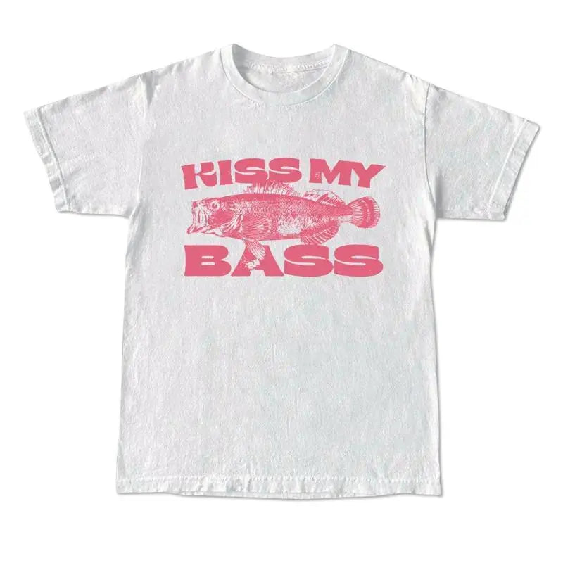 [100%25 Cotton]Kiss My Bass Vintage Style Fishing T-Shirt, Fisher Graphic Shirt Pink Design Limited Edition Menswear Birthday Menswear Birthday Unisex