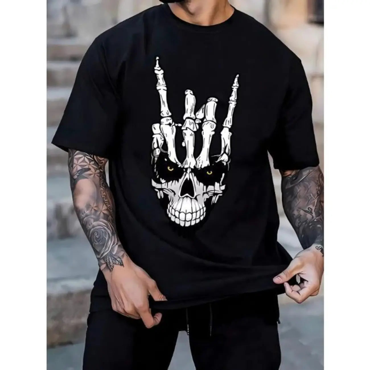 Men's Vibrant Skull Hand Graphic T-Shirt, a Casual Short Sleeve Crewneck with a Regular Fit in Soft Stretch Polyester, Menswear