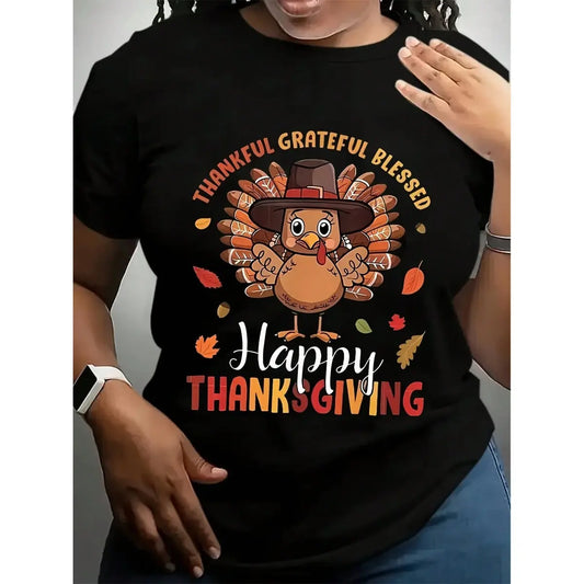 Women's Plus Size Thanksgiving Graphic T-Shirt, Casual Short Sleeve 100%25 Cotton Top with Round Neck and Pumpkin Print, Fabric
