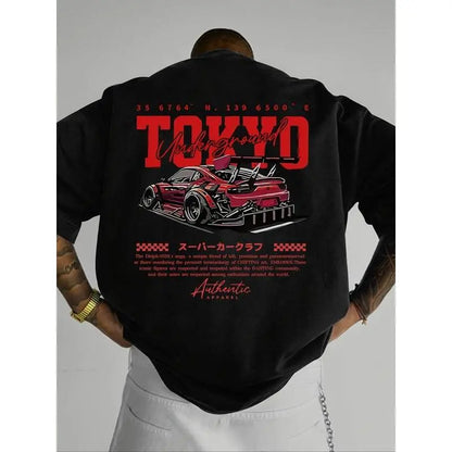 Men's Regular Fit Car & Letter Print Round Neck Comfy Short Sleeve Tee - Menswear Casual Street Sports Top for Daily Wear, All Seasons, Casual Street Comfy