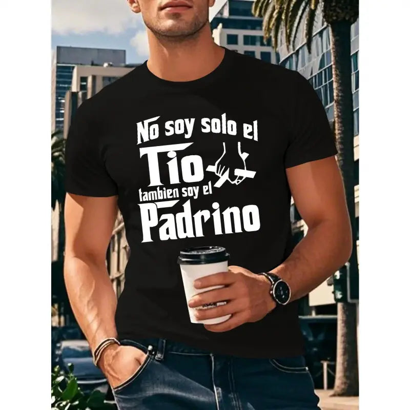 Men's Short-Sleeve Round Neck White "No Soy Solo El Tio, Tambien Soy El Papá" Graphic Tshirt - Casual Sports Tops, Coffee Cup Design, Regular Fit, Light Stretch Fabric, Summer Everyday Wear