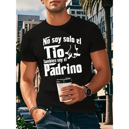 Men's Short-Sleeve Round Neck White "No Soy Solo El Tio, Tambien Soy El Papá" Graphic Tshirt - Casual Sports Tops, Coffee Cup Design, Regular Fit, Light Stretch Fabric, Summer Everyday Wear