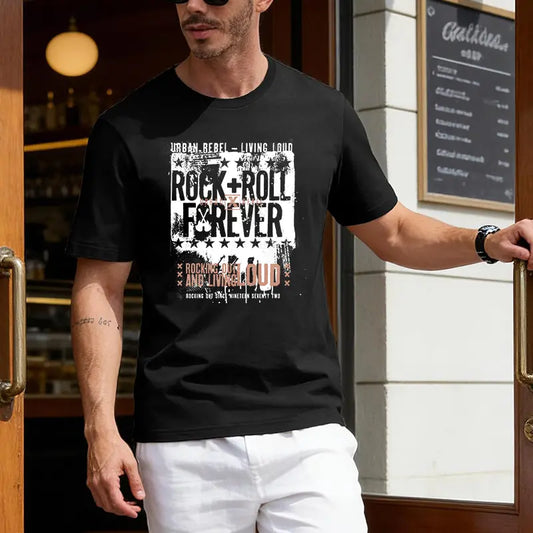 Unisex Vintage Grunge Rock & Roll Forever Graphic Short-Sleeve Round Neck T-Shirt - Sporty Tops for Casual, Sports & Outdoor Streetwear, Shortsleeve, Tshirt