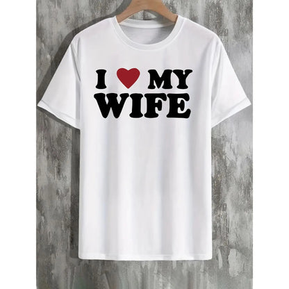Men'S Funny "I Love My Wife" Graphic T-Shirt with Red Heart - White Casual Round Neck Short Sleeve Tee, Romantic Gift for Husband, Anniversary & Valentine'S Day, Family T-shirt, Family T-shirt In Green, T Shirt For Men, Men Graphic Tee, Funny Tshirt