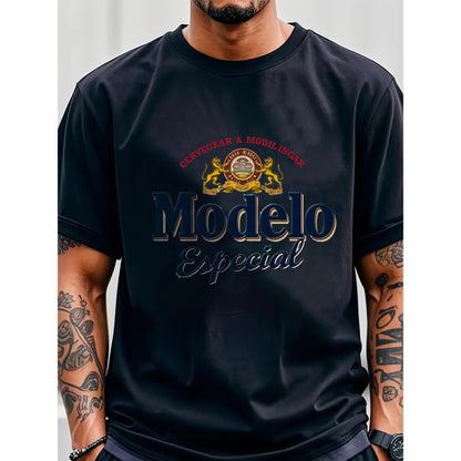 Modelo Especial Beer Logo Graphic T-Shirt - Black Casual Crew Neck Short Sleeve Tee, Super Soft & Breathable Cotton Blend Top, Unisex Streetwear Apparel for Beer Enthusiasts & Drinking Parties, Summer Casual Attire - Perfect Cool & Stylish Gift for M