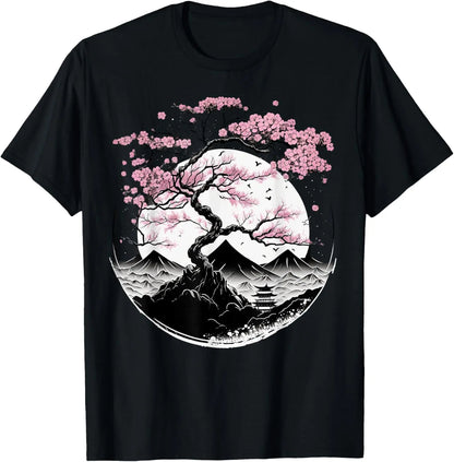 100%25 Cotton Japanese Sakura Garden Geisha Mount Fuji Cherry Blossom T-Shirt