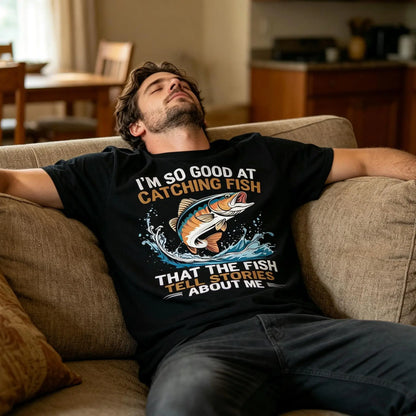 Men's Funny Fishing T-Shirt I Fish So Well The Fish All Tell Stories with Jumping Fish Graphic Lightweight Breathable 100%25 Cotton All-Season Casual Outdoor Fishing Apparel Sizes S-XXXL Machine Washable Ideal Gift  double print  Tshirt Round Neck Menswea