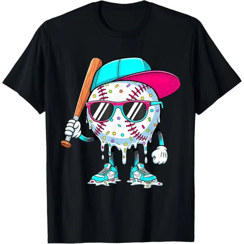 Shortsleeve Round Neck Baseball Character T-Shirt - Retro Hip Hop Sunglasses Cap Graphic, Funny Baseball Lover Streetwear Casual Clothes