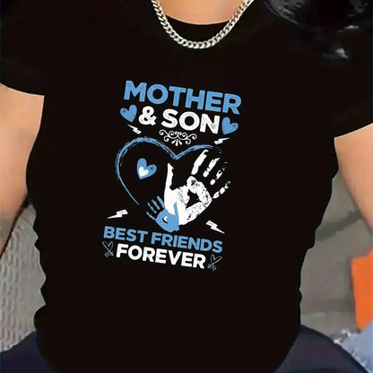 Mothers And Sons Best Friends Forever T-Shirt, Short Sleeve Crew Neck Graphic Tee, Comfy Durable Casual Top for Matching Family Look, Cute Mom Son Gift for Birthday Christmas, Daily Loungewear Shirt