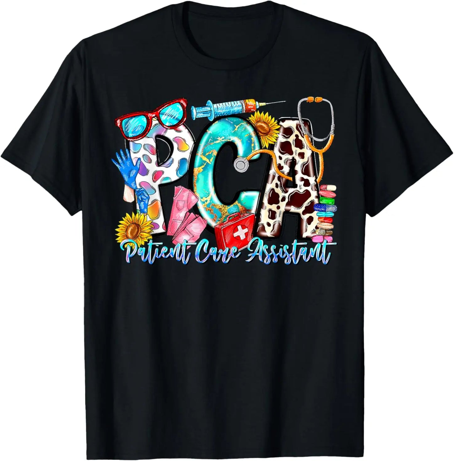Retro PCA Patient Care Assistant Healthcare Worker Nursing Summer Casual Shortsleeve Cotton T-Shirt Black