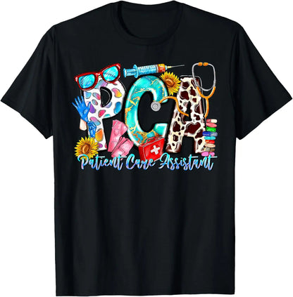 Retro PCA Patient Care Assistant Healthcare Worker Nursing Summer Casual Shortsleeve Cotton T-Shirt Black
