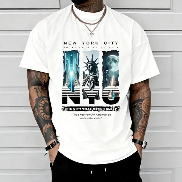 Men’s NYC "Eternal City" printed T-shirt, New York street-style short sleeve, Statue of Liberty themed casual top.