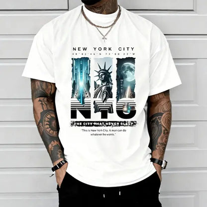 Men’s NYC "Eternal City" printed T-shirt, New York street-style short sleeve, Statue of Liberty themed casual top.