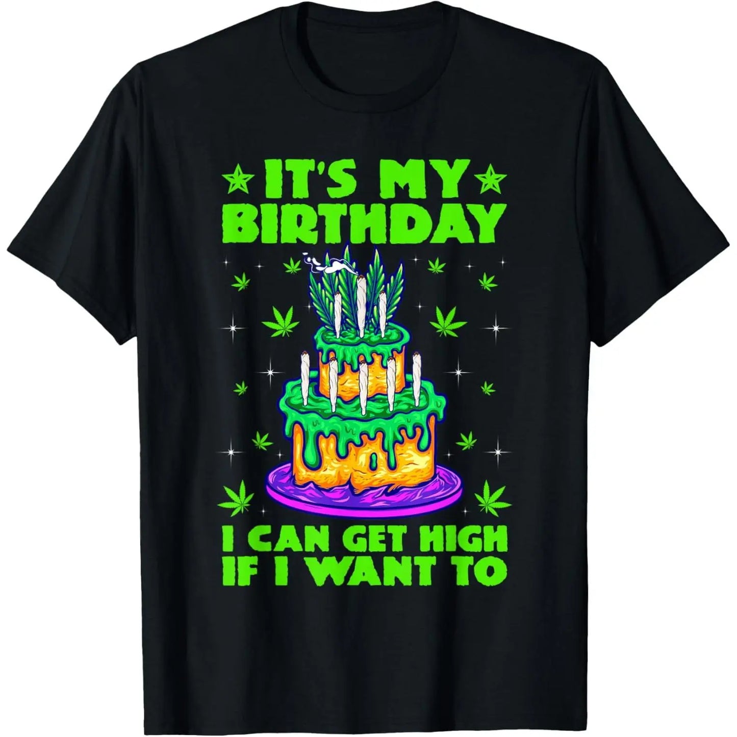 Menswear 100%25 Cotton Short-Sleeve Casual Streetwear T-Shirt - "It's My Birthday" Cannabis 420 Funny Cake Graphic