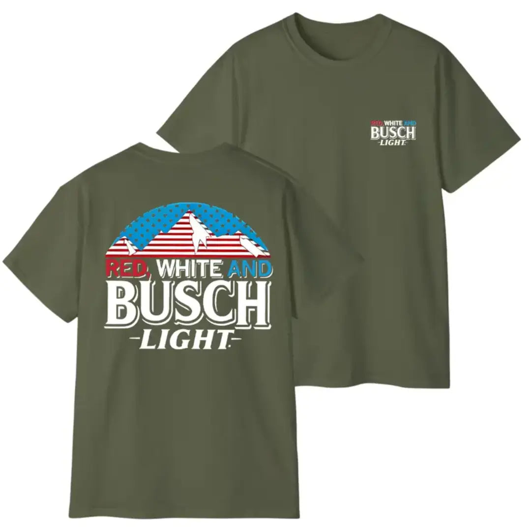 [Busch Light] Red White and Blue Patriotic Graphic T-Shirt, USA Flag Mountain Beer Inspired Design for Americans & Beer Fans, Perfect for 4th of July, BBQs & Summer Parties