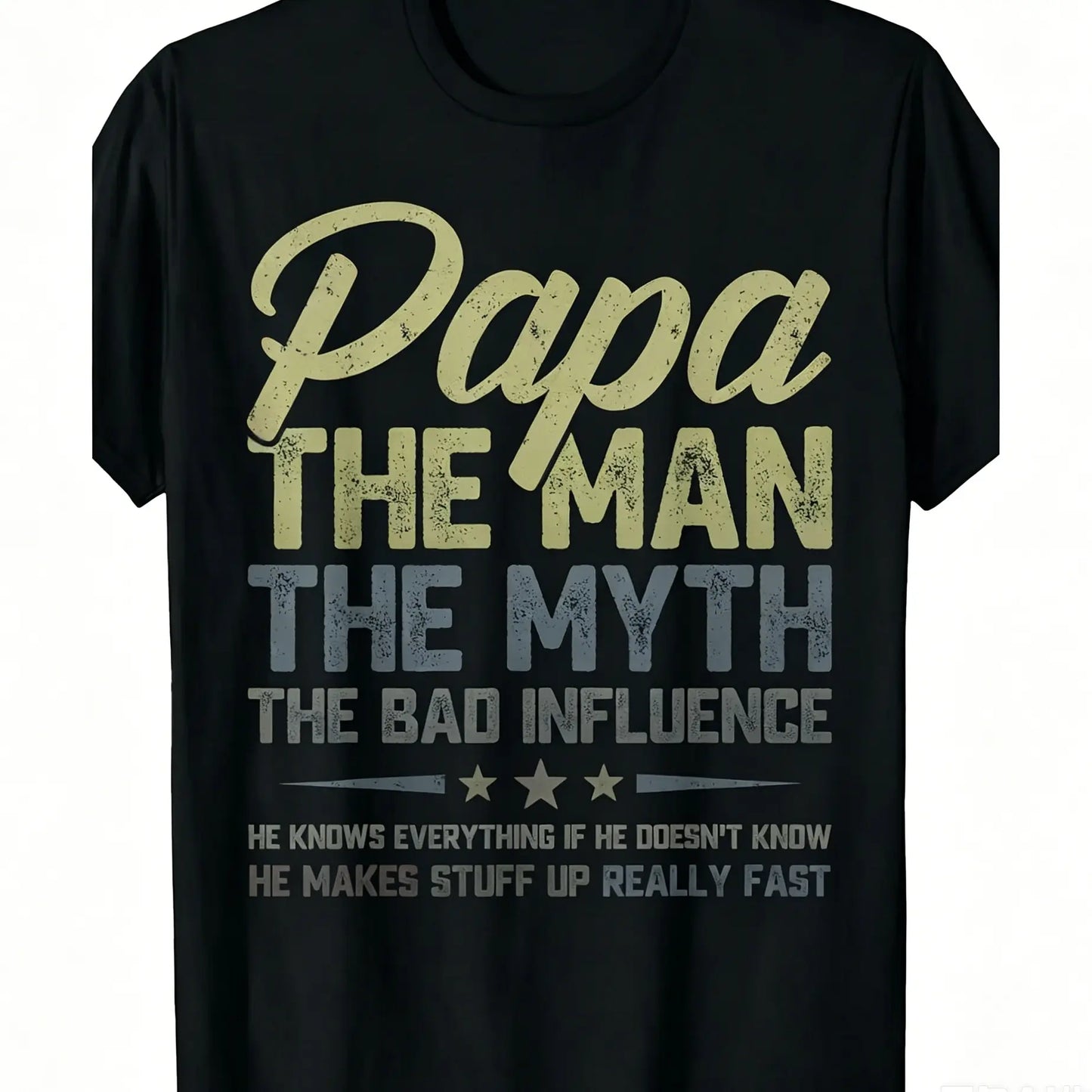 Oversized Round Neck Short-Sleeve Unisex Papa "The Myth The Bad Influence" Graphic Tee, High-Quality Comfortable Casual Men's Top, 2026 Summer Trendy Streetwear, Father's Day Men's Gift, All-Over Print, Medium Length