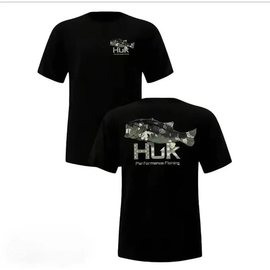 Men's Casual Crewneck HUK T - Shirt - Camo Bass Fish Graphic, Soft Cotton Summer Tee