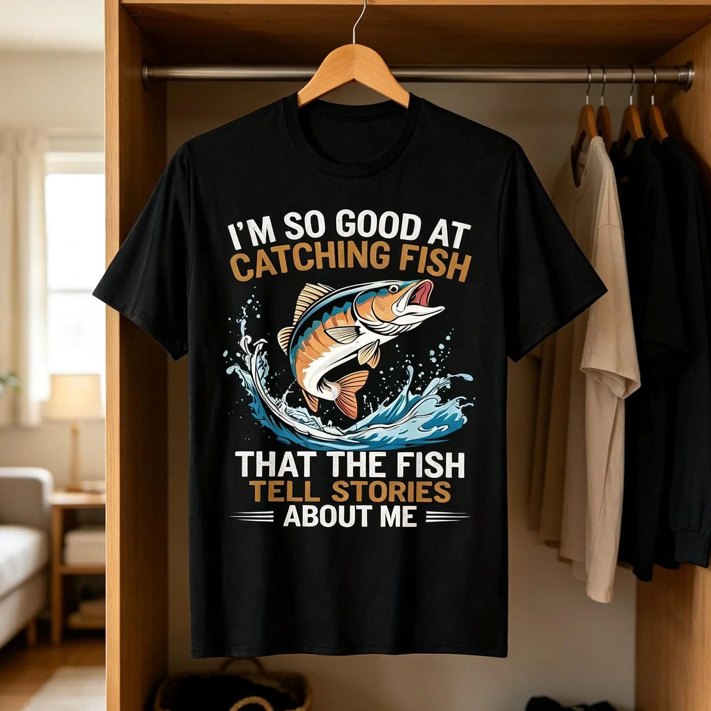 Men's Funny Fishing T-Shirt I Fish So Well The Fish All Tell Stories with Jumping Fish Graphic Lightweight Breathable 100%25 Cotton All-Season Casual Outdoor Fishing Apparel Sizes S-XXXL Machine Washable Ideal Gift  double print  Tshirt Round Neck Menswea