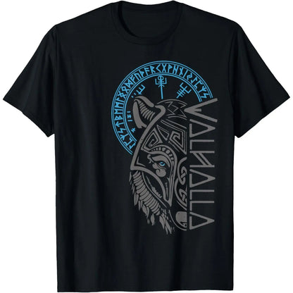 Viking Graphic T-Shirt for Men & Women, Casual Cotton Short Sleeve Round Neck Top with Valhalla Wolf & Odin Runes