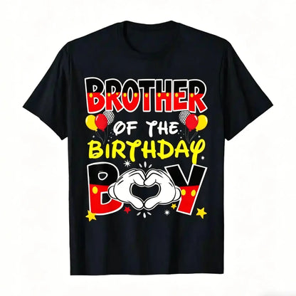 Men's "Daddy of the Birthday Boy" Graphic T-Shirt - Black, Casual, Shortleeve Crewneck Top, Menswear Streetwear Trendy Tshirts with Colorful Heart & Confetti Design, Ideal for Family Celebrations, Comfortable Fit