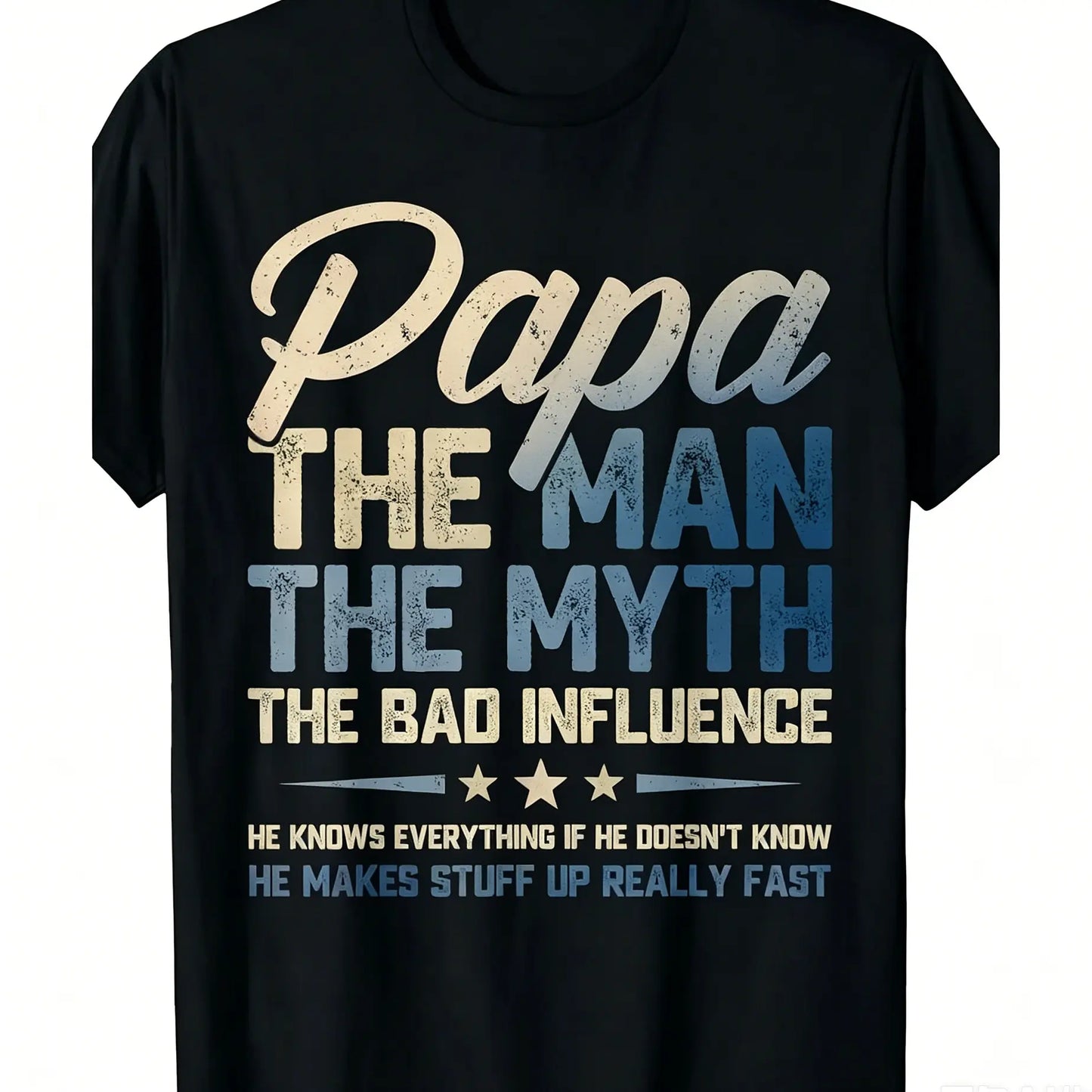 Oversized Round Neck Short-Sleeve Unisex Papa "The Myth The Bad Influence" Graphic Tee, High-Quality Comfortable Casual Men's Top, 2026 Summer Trendy Streetwear, Father's Day Men's Gift, All-Over Print, Medium Length