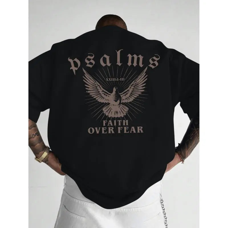 [100%25 Cotton]Faith Over Fear T-Shirt With Psalm 93 4 Design Loose Fit Crew Neck Short Sleeve For Men Casual Wear Sports Fan Gift In Glossy Black..
