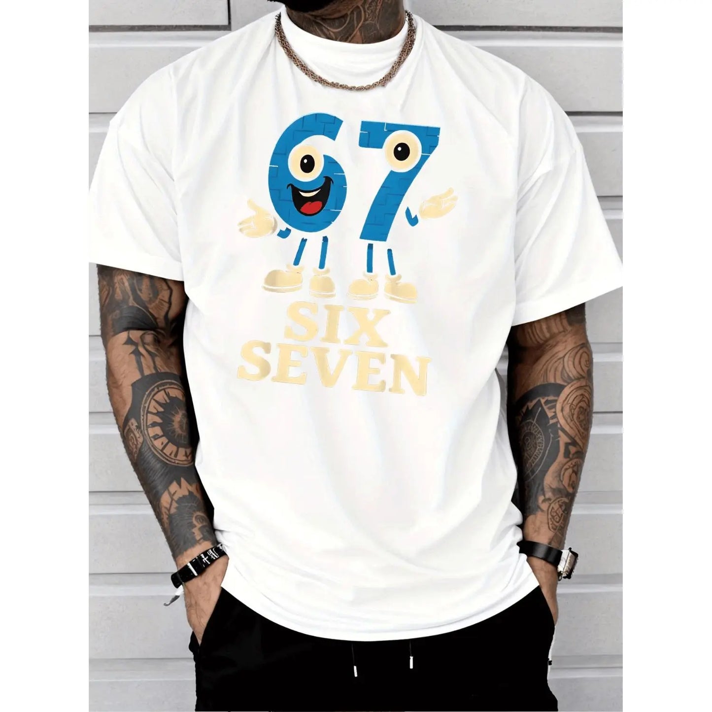Crewneck Men's Fashion Street Style Casual Trendy Graphic T-Shirt Blue Number 67 Character Mascot with Big Eyes Red Mouth White Shoes Six Seven Text Breathable Lightweight All Seasons
