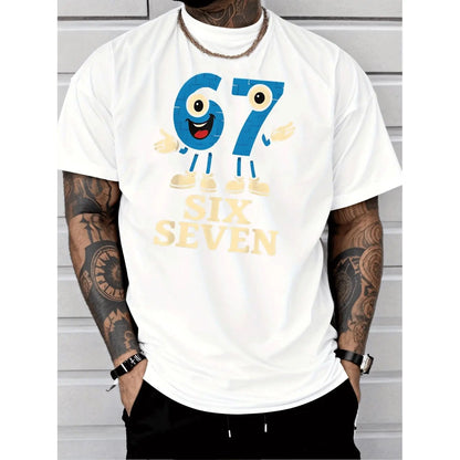 Crewneck Men's Fashion Street Style Casual Trendy Graphic T-Shirt Blue Number 67 Character Mascot with Big Eyes Red Mouth White Shoes Six Seven Text Breathable Lightweight All Seasons