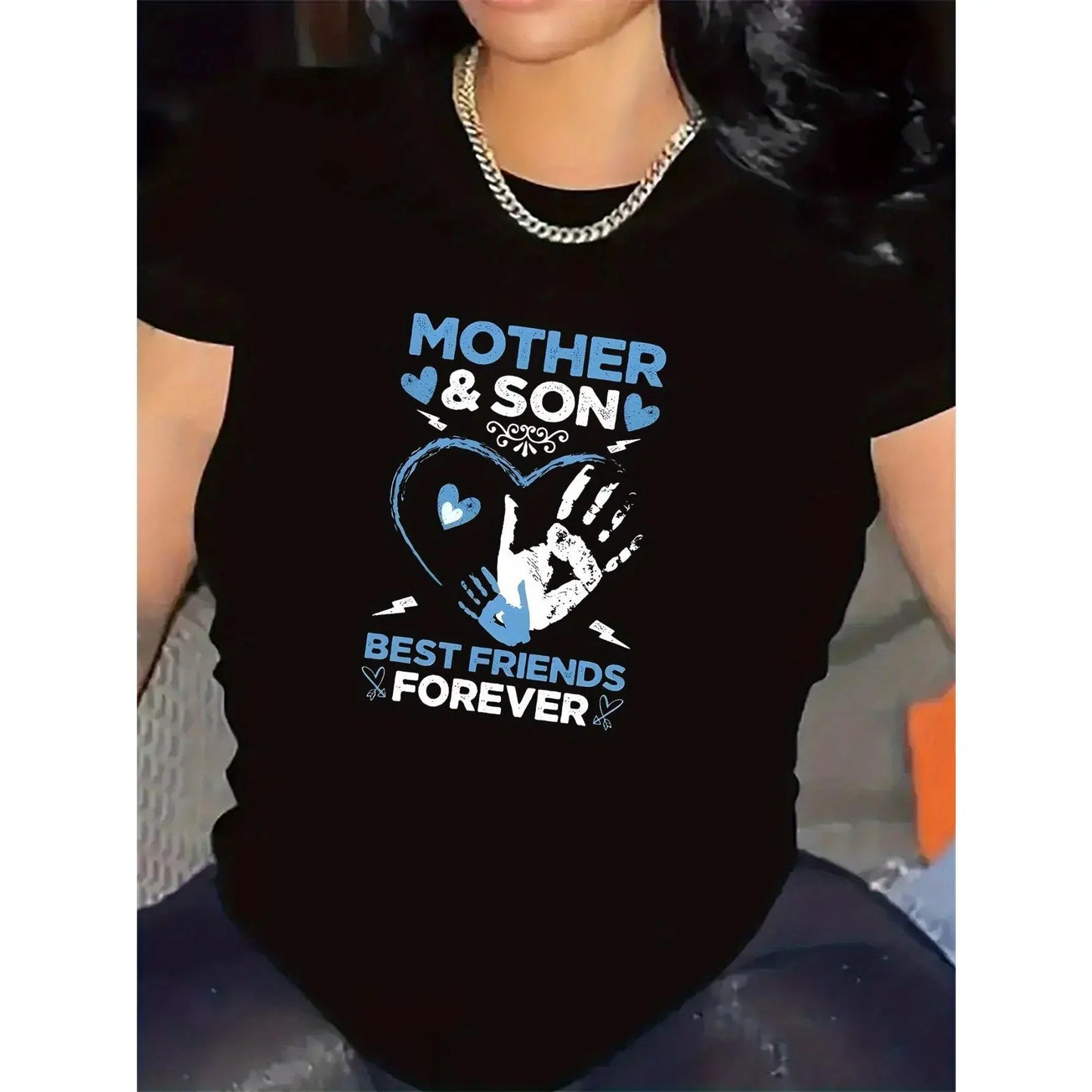 Mothers And Sons Best Friends Forever T-Shirt, Short Sleeve Crew Neck Graphic Tee, Comfy Durable Casual Top for Matching Family Look, Cute Mom Son Gift for Birthday Christmas, Daily Loungewear Shirt