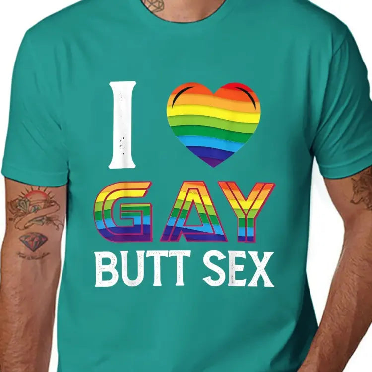 Men's "I Love Gay Butt Sex" Graphic T-Shirt, Casual 100%25 Cotton Short Sleeve Streetwear Top with Rainbow Heart, Made in USA