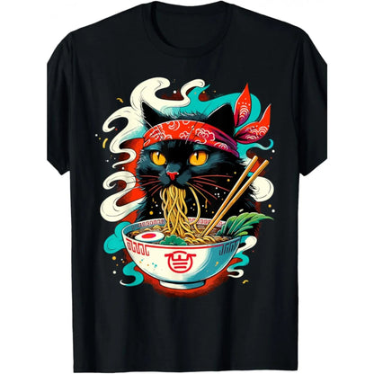 Festive Delight | Men's Cute Cat Ramen Graphic T-Shirt - 100%25 Cotton, Crew Neck, Short Sleeve, Regular Fit, All-Season Casual Wear, Ideal for Valentine's, New Year's, Father's Day, Christmas, Allseason Apparel | Whimsical Design | Comfortable Fit