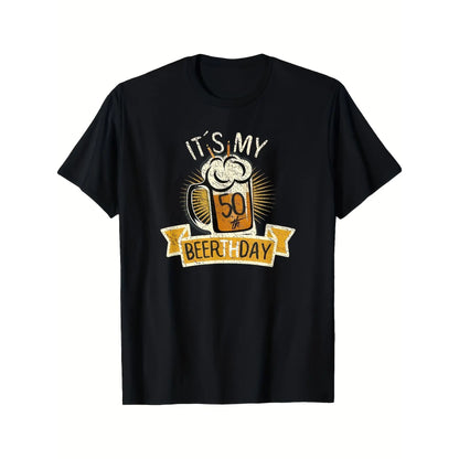 180g[100%25cotton]Men'S Black Short-Sleeved T-Shirt for Summer, with Birthday Beer Candle Pattern Print, for Outdoor Sports